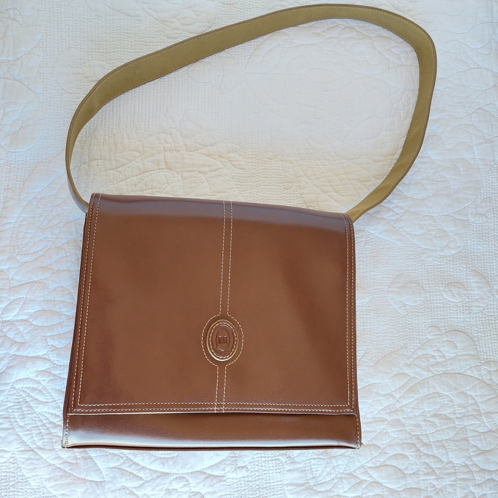 Vtg Mondani New York Brown Faux Leather Shoulder Zipper Pockets Inside/ Outside